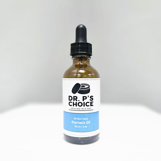 A close-up of Dr. P's Choice CBD oil, highlighting the sleek bottle design and informative label about its benefits.